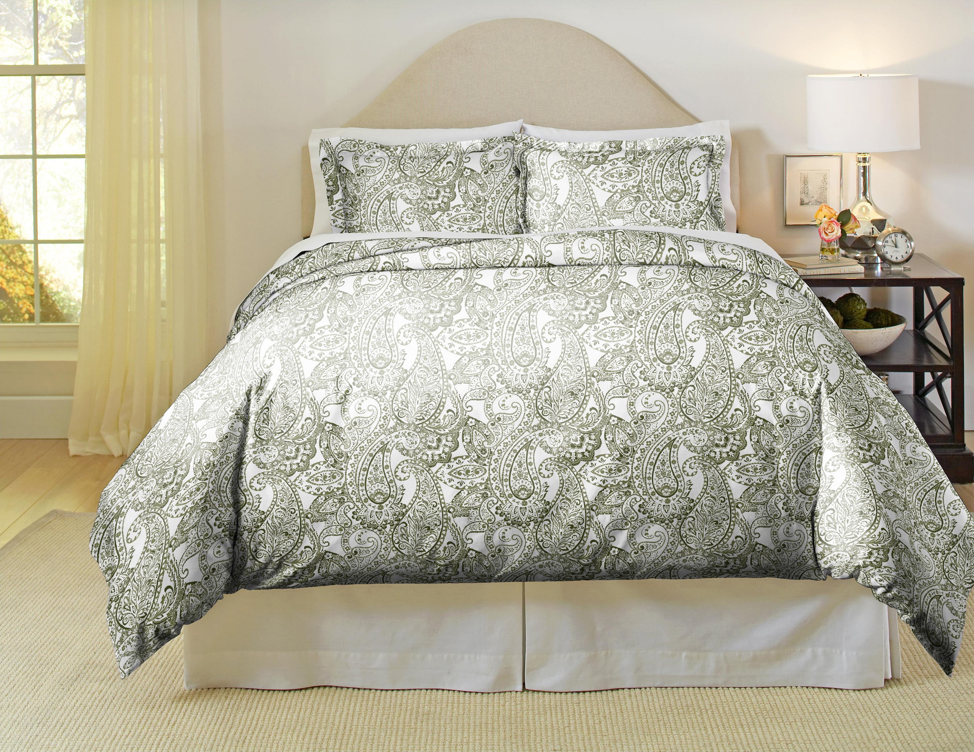 Twin Boho Paisley Green Cotton Percale Duvet Cover Set