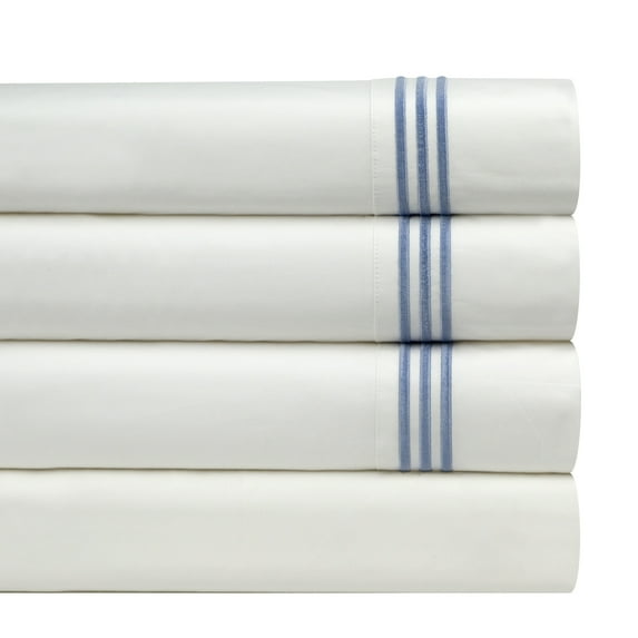 Pointehaven 300 Thread Count Long Staple Cotton Percale Blue Embroidered Oversized 4 pc Sheet Set, King