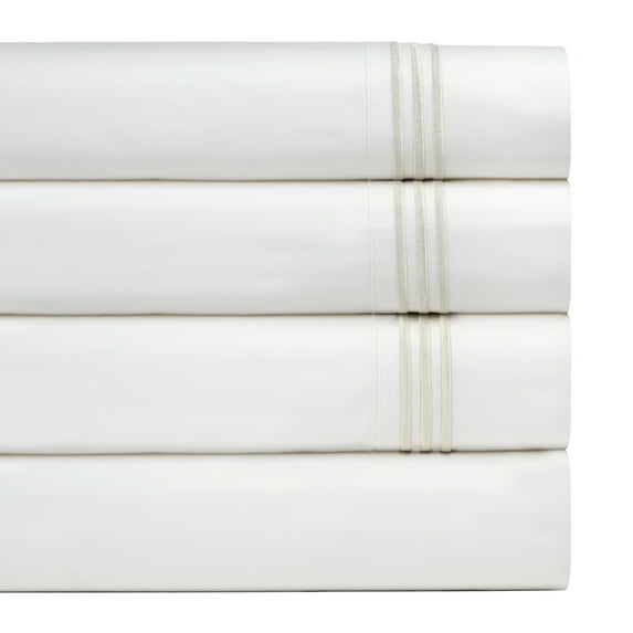 Pointehaven 300 Thread Count Long Staple Cotton Percale Ivory Embroidered Oversized 4 pc Sheet Set, Queen