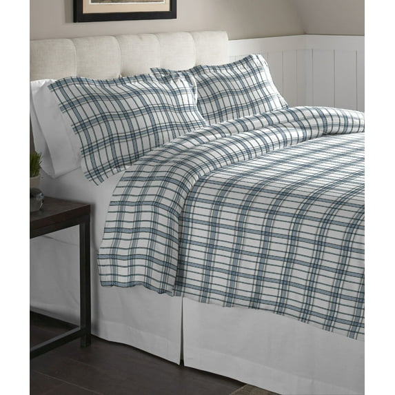 Pointehaven Blue Plaid Printed Cotton Flannel Duvet Set - Multi-color Full/Queen, Queen 3 Piece Country