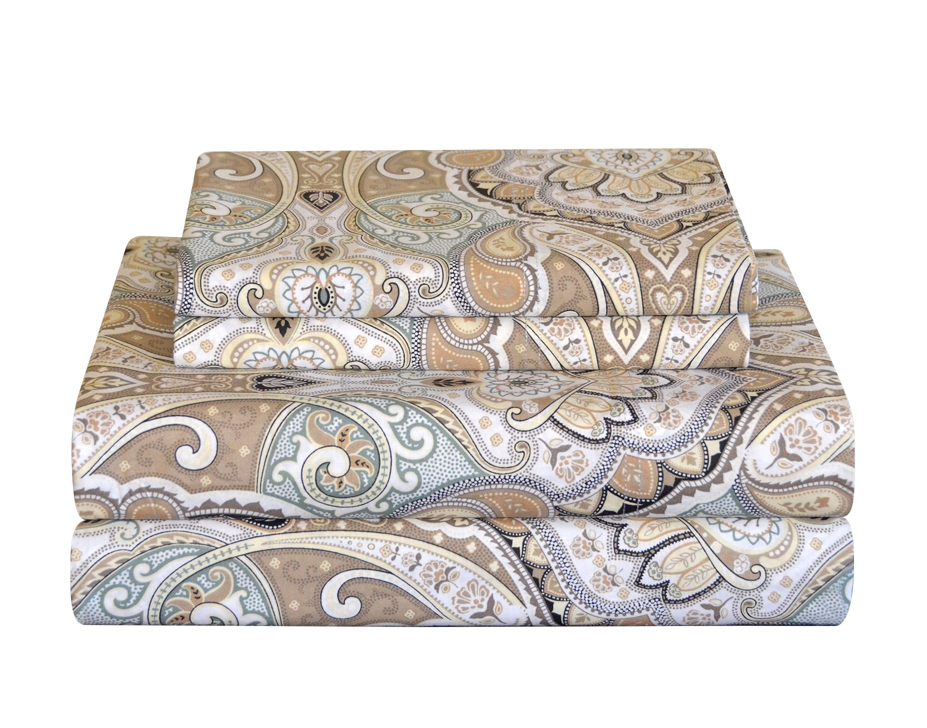 Twin Beige Cotton Percale Paisley Sheet Set