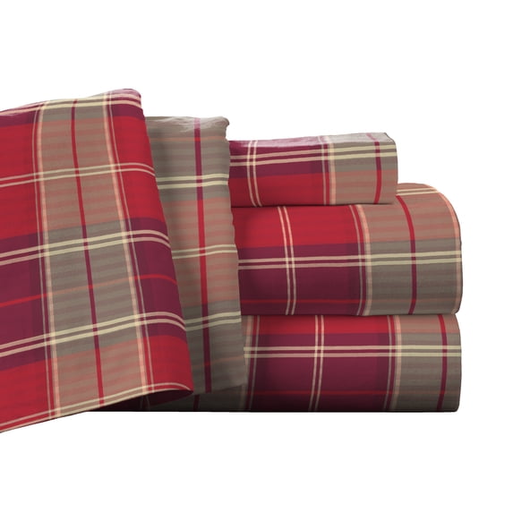 Pointehaven Flannel Deep Pocket Set with Oversized Flat Sheet, King, Piedmont Plaid