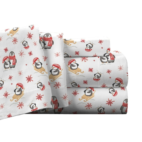 Pointehaven Flannel Deep Pocket Set with Oversized Flat Sheet, Queen, Penguin