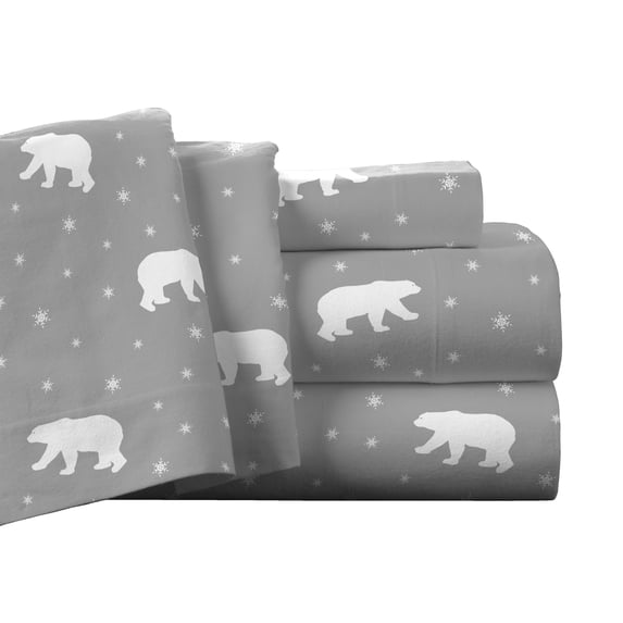 Pointehaven Flannel Deep Pocket Set with Oversized Flat Sheet, Twin, Polar Bear