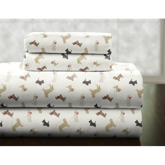 Pointehaven Heavy Weight Flannel Sheet Set, King, Winter Dogs