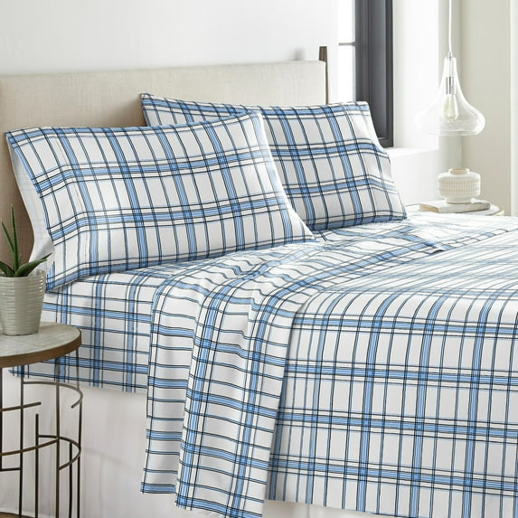 Pointehaven Solid or Print Cotton Heavyweight Flannel Bed Sheet Set Blue Plaid Twin Striped, Plaid