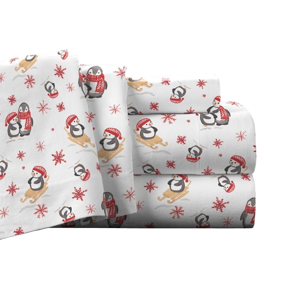 Pointehaven Superior Weight Cotton Deep Pocket Flannel Bed Sheet Set Penguin Full Animal Print
