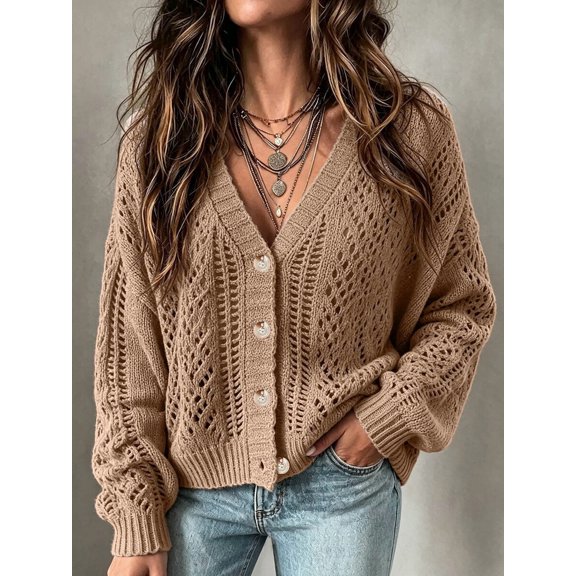 Pointelle Knit Drop Shoulder Button Front Cardigan,Long Sleeve Tops Fall Winter Cloth For Women