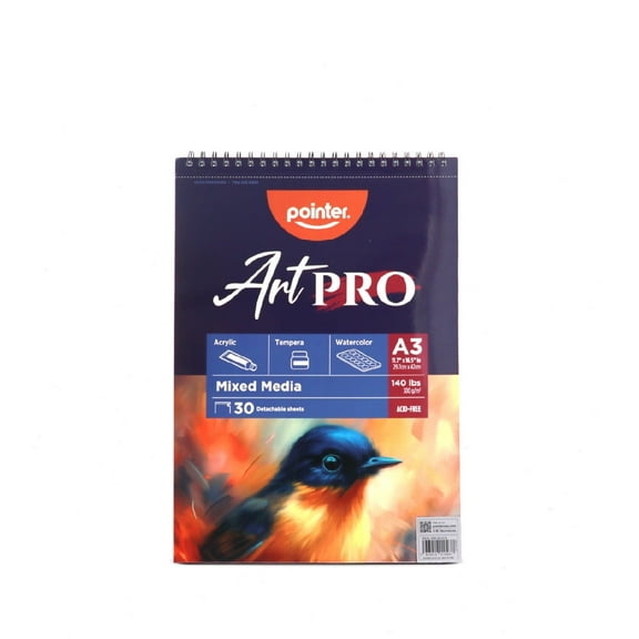 Pointer Art PRO Mixed Media Pad, A3 Size (11.7" x 16.5"), 300gsm, 30 Sheets, Spiral Bound, Acid-Free, Ages 6+
