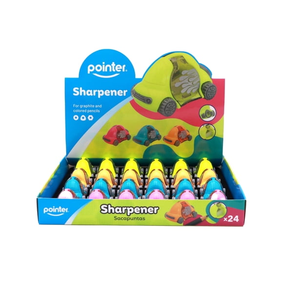 Pointer Manual Pencil Sharpeners, Car-Shaped, Counter Display, Assorted Colors, 24 Count, 1 Pack