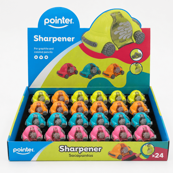 Pointer Manual Pencil Sharpeners, Car-Shaped, Counter Display, Assorted Colors, 24 Count, 1 Pack