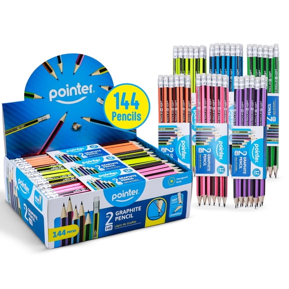 Pointer Colorful Body Graphite Pencils, Soft Eraser, HB, 12 Count, 12 pack