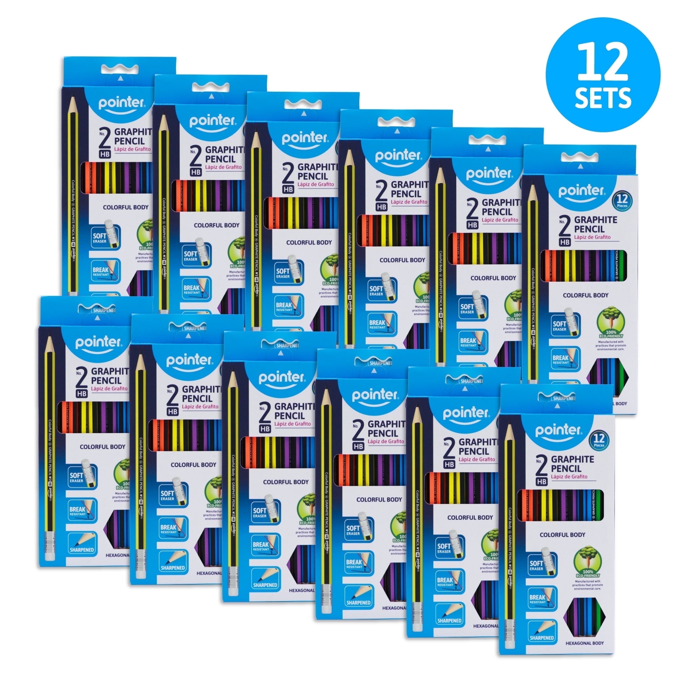 Pointer HB #2 Wood Pencils, 2.0mm Lead, Colorful Barrel, Eraser Tip, Pre-Sharpened, 144 Count (12 pack of 12), for School and Office