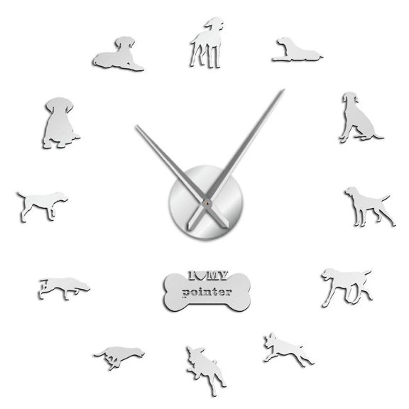 Pointer Dog Breed Modern 3D DIY Wall Clock German Shorthaired Pointer Deutsch Kurzhaar Wall Watch Pet Lover Gift Creative Show(Silver,27inch)