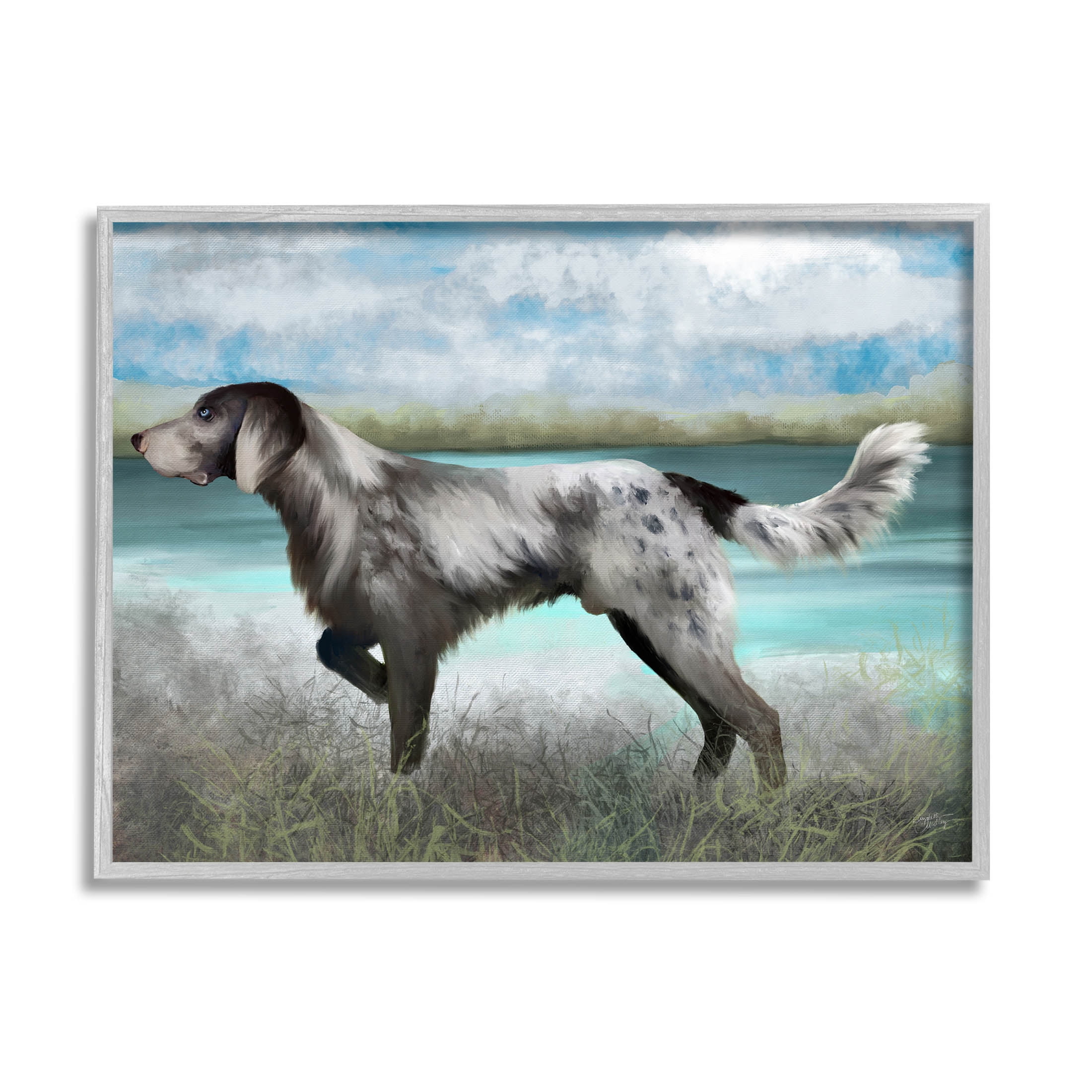 Pointer Dog Lakeside Nature Animals & Insects Graphic Art Gray Framed Art Print Wall Art