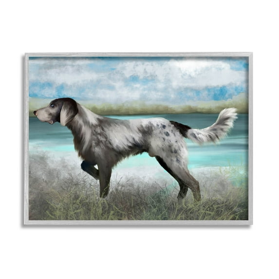 Pointer Dog Lakeside Nature Animals & Insects Graphic Art Gray Framed Art Print Wall Art