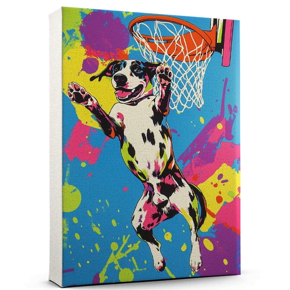 Pointer Dog Stretched Canvas Size 8x12 Basketball Canvas – Cute Pointer Canvas Wall Art of Puppy Playing Basketball, Perfect for Dog and Sports Fans