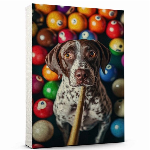 Pointer Dog Stretched Canvas Size 8x12 Billiards Canvas – Cute Pointer Canvas Wall Art of Puppy Playing Billiards, Perfect for Dog and Sports Fans