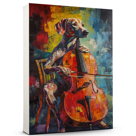 Pointer Dog Stretched Canvas Size 8x12 Cello Canvas – Cute Pointer Canvas Wall Art of Puppy Playing Cello, Perfect for Dog and Music Fans