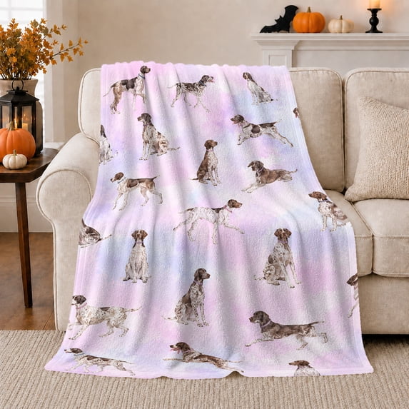 Pointer Dogs on Lavender Pastel Field, Serene Sporting Style for Dog Lovers, Gentle Hunting Dog Pattern and Father's Day Gift, Soft Flannel Blanket for Cabin and Bedroom, Home Decor