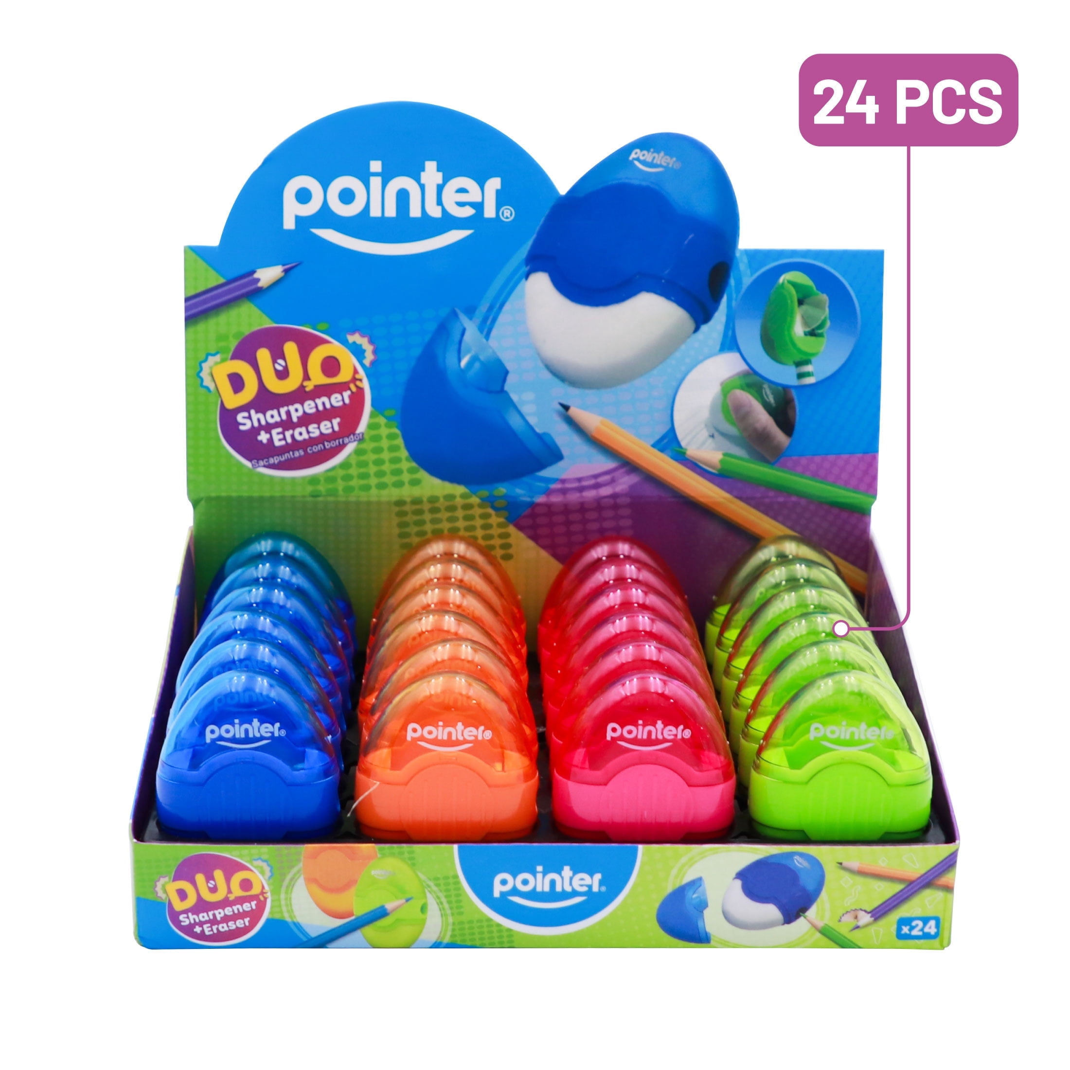 Pointer Handheld Manual Pencil Sharpeners, Oval‑Shaped, Single‑Hole, 2‑in‑1 Eraser and Container, Assorted Colors, 24 Count, 1 pack