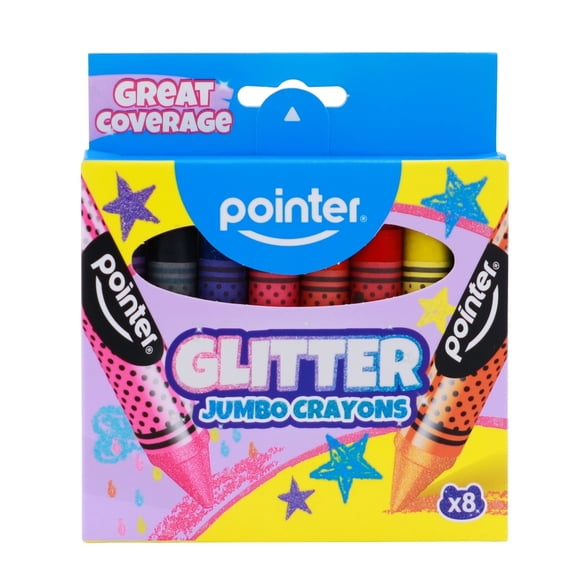Pointer Jumbo Crayons with Glitter Finish, Assorted Colors, 8 Count per Pack, 96 Packs