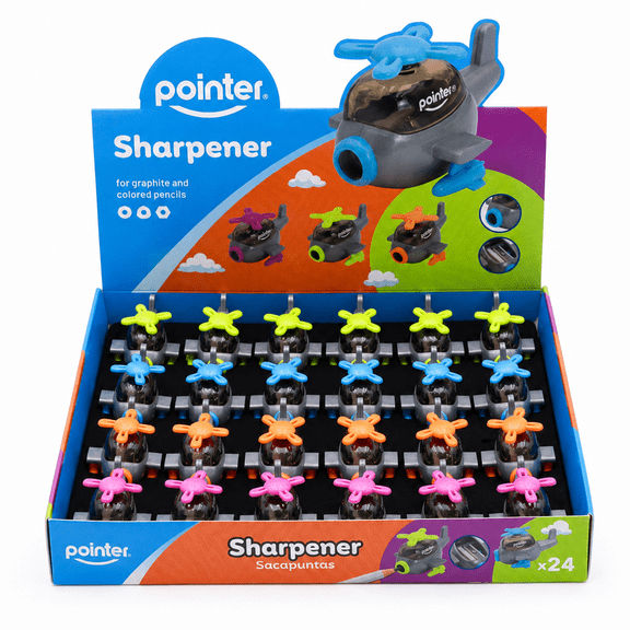 Pointer Manual Pencil Sharpeners, Helicopter-Shaped , Counter Display, Assorted Colors, 24 Count, 1 Pack