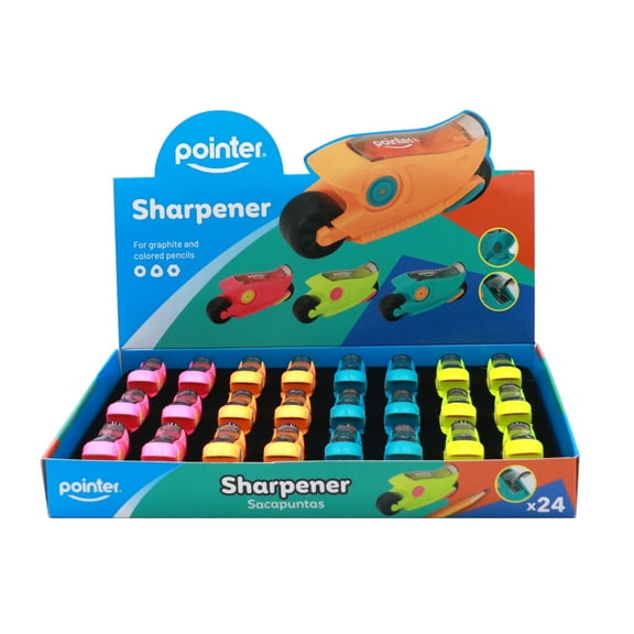 Pointer Manual Pencil Sharpeners, Motorcycle-Shaped, Counter Display, Assorted Colors, 24 Count, 1 Pack
