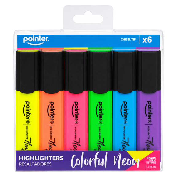 Pointer Neon Highlighters, Chisel Tip, Assorted Colors, 6 Count (1 pack), for School and Office