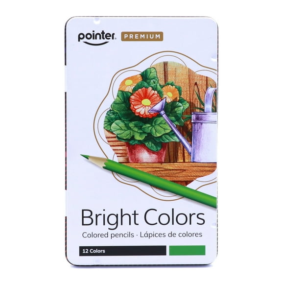Pointer Premium Colored Pencils, 12 Count, Bright Colors, Pre-Sharpened, Storage Tin