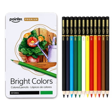Pointer Premium Colored Pencils, 12 Count, Bright Colors, Pre-Sharpened, Storage Tin