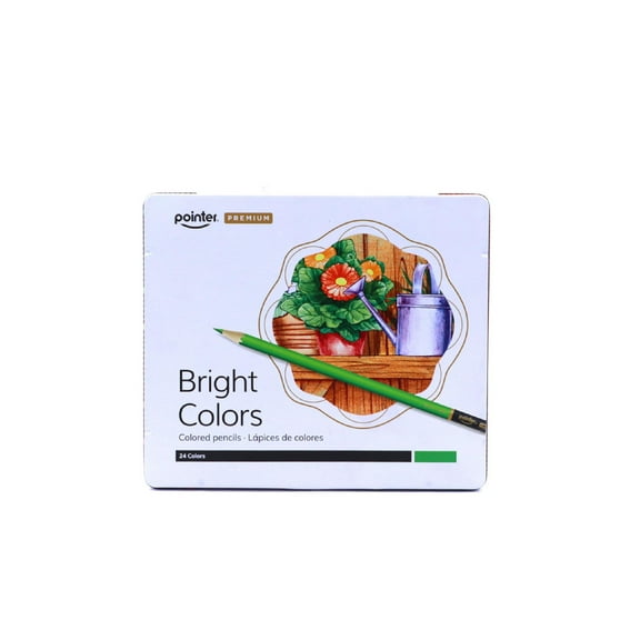 Pointer Premium Colored Pencils, 24 Count, Bright Colors, Pre-Sharpened, Includes Storage Tin