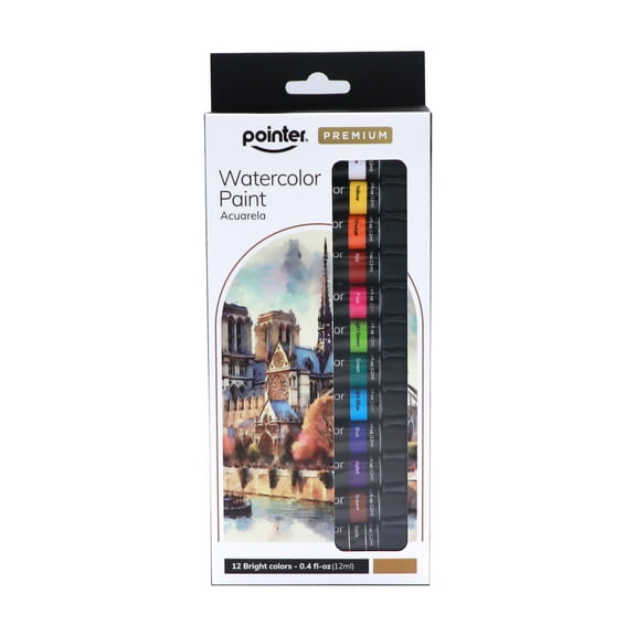 Pointer Premium Watercolor Paint, 0.4 fl oz (12ml) Tubes, 12 Bright Colors