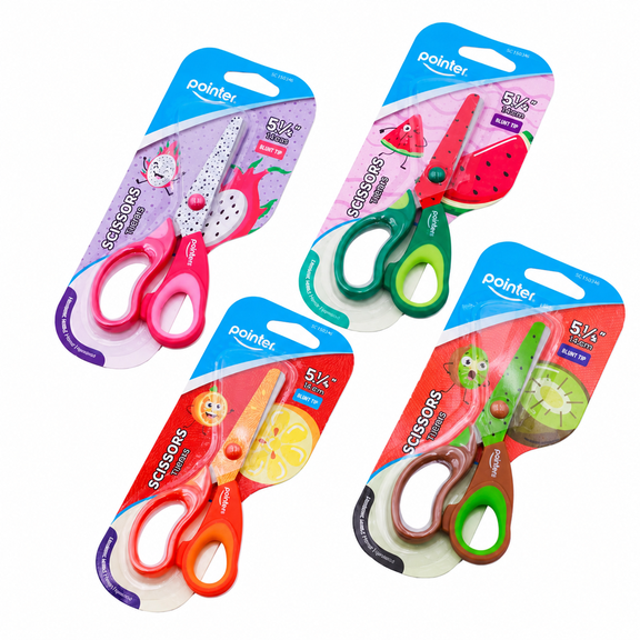 Pointer School Children's Blunt Tip Scissors, 4 Pack with Fruit Decoration, 5.25", Assorted Colors, 4 Count