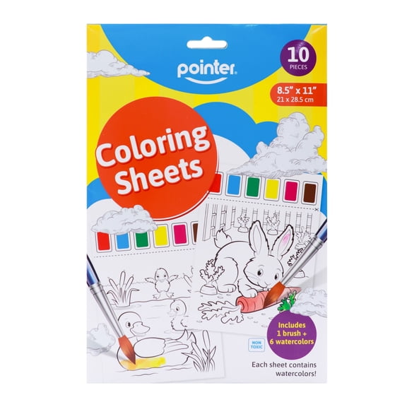 Pointer Kids Watercolor Painting Set with Coloring Sheets and Brush, 10 Count, 8.5 x 11 Inches, NonToxic