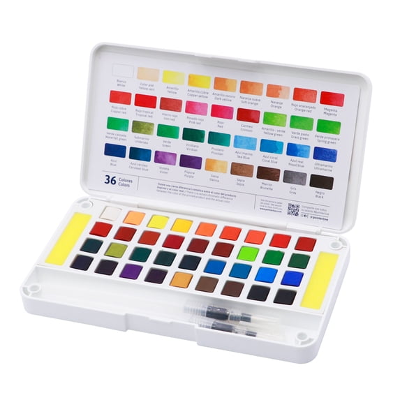 Pointer Watercolor Paint Set: 36 Vibrant Solid Colors with 2 Water Brush Pens & Travel Case