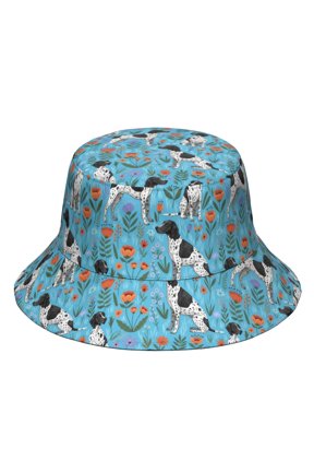 Pointer and Floral Blue Pattern Print Bucket Hat Unisex Beach Sun Hat,UV Sun Protection,Lightweight,Waterproof,Breathable 22-23.3 Inches