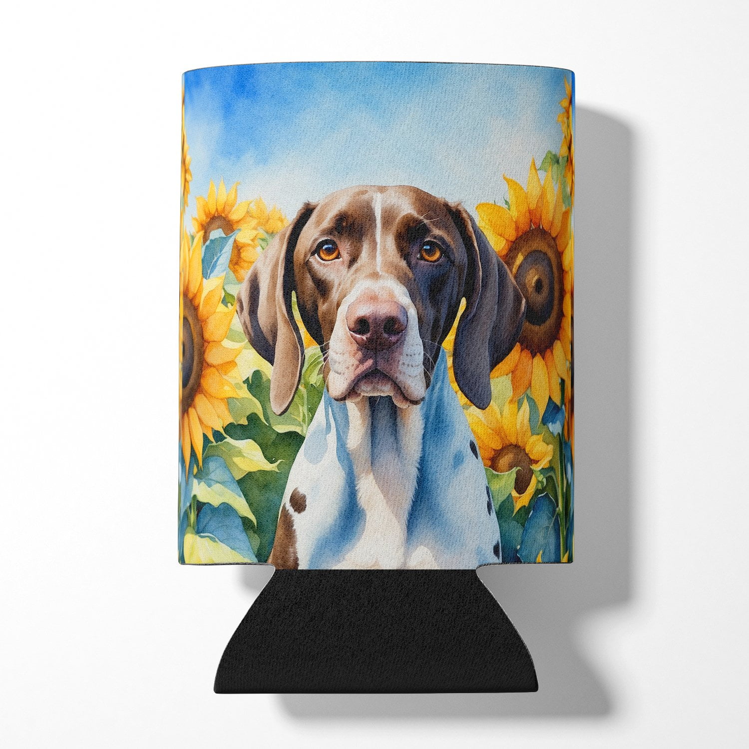 Pointer in Sunflowers Can or Bottle Hugger 3 in x 5 in