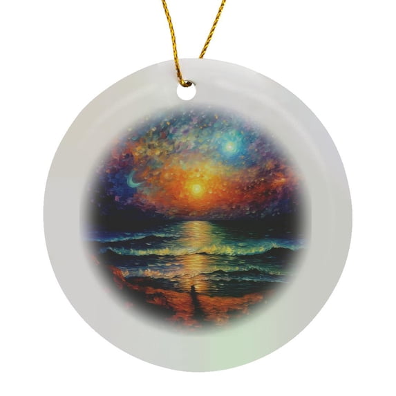 3drose, Pointillism Ocean Sunset Scene, Circle Porcelain Ornament
