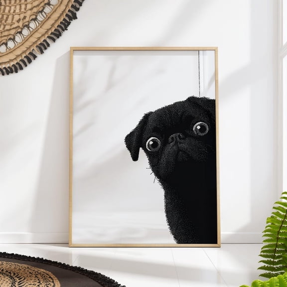 Pointillism Pug Wall Art Black White Dog Minimalist Pet Decoration Unframed Paper Print