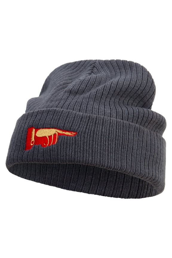 Pointing Finger Embroidered Big Size Cuff Long Beanie - Charcoal OSFM