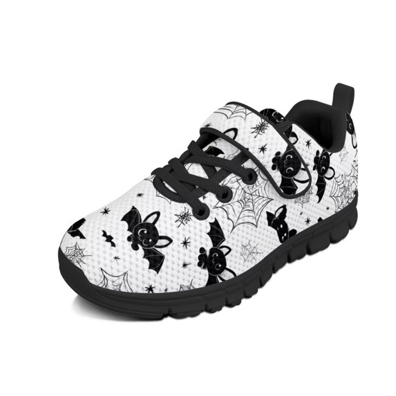 Pointodoor Black Bat Spider Cobweb Shoes for Kids Size 1 Slip on Halloween Sneakers for Boys Girls Hook and Loop Running Tennis Shoes Athletic Sports Lightweight Mesh Sneakers