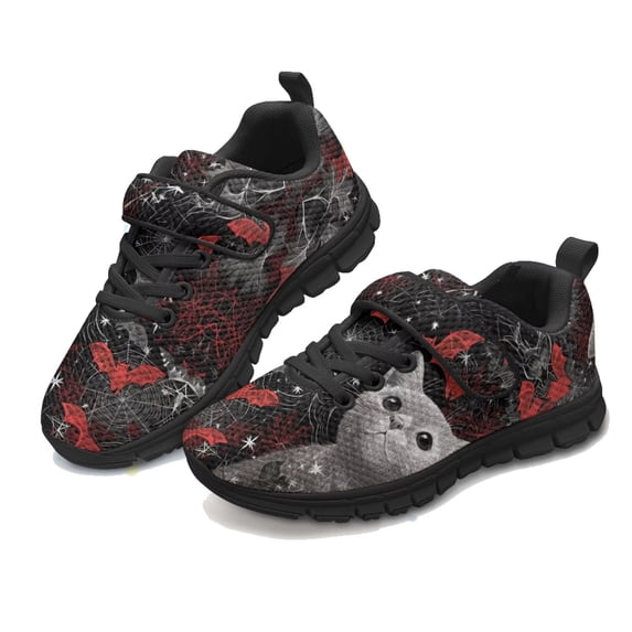 Pointodoor Black Cat Shoes for Girls Size 10.5 Red Bat Print School Knitted Mesh Walking Tennis Sneakers for Boys Halloween Running Shoes with Single Buckle for Kids