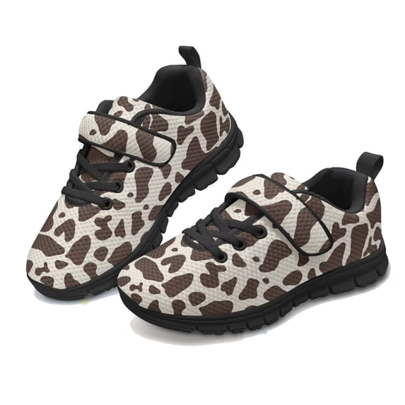 Pointodoor Brown Cow Shoes for Girls Kids Cute Single Buckle Sneakers Breathable Mesh Lightweight Running Tennis Walking Shoes with Hook and Loop