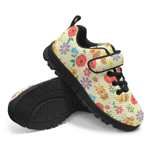 Pointodoor Capybara Bee Floral Shoes for Kids Size 13 Casual Knitted Mesh Slip on Sneakers Anti-Slip Breathable Lightweight Athletic Running Shoes with Single Buckle