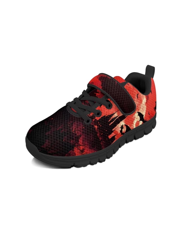 Halloween Bat Castle Shoes for Kids Scary Blood Sky Boys Girls Shoes Mesh Knit Play Tennis Footwear Non Slip Athletic Running Walking Lightweight Lace Up Sneakers