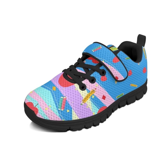 Pointodoor Rainbow Crayons Pens Shoes for Kids Non Slip Running Walking Casual Sneakers Lightweight Single Buckle Athletic Trail Sports Shoes for Preschool Students