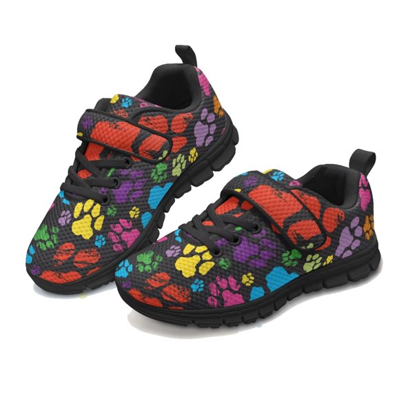 Pointodoor Rainbow Paw Print Shoes for Boys Girls Primary School Sneakers Kids Knitted Mesh Walking Tennis Sneakers Lightweight Breathable with Single Buckle