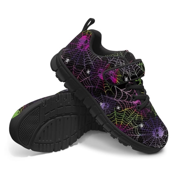 Pointodoor Rainbow Skull Cobweb Shoes for Boys Size 1.5 Knitted Mesh Running Tennis Shoes Lightweight Breathable Athletic Sport Fashion Anti-Slip with Single Buckle