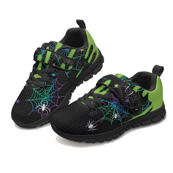 Pointodoor Spider Cobweb Shoes for Girls Little Kid Halloween Sneakers with Green Tie Dye Non-slip Athletic Trail Running Shoes Breathable Lightweight
